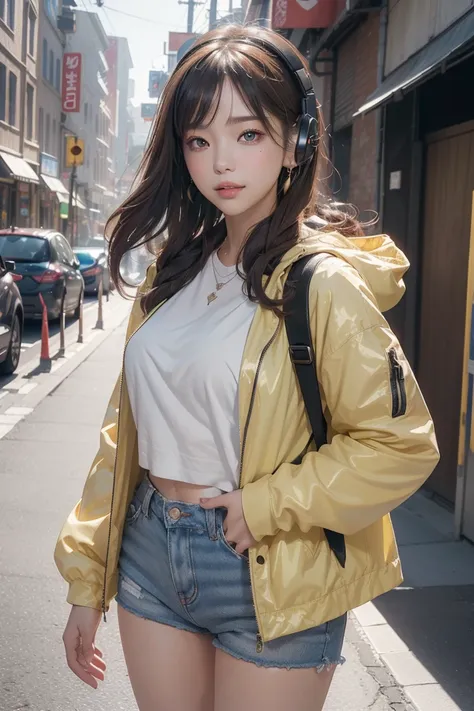 (((Top quality, 8K,超high resolution、Ultra Detailed))),1 Girl,Female high school student,A beautiful girl,Streetwear,((Hooded fluorescent jacket,shorts,Backpack))、((Wearing big headphones around the neck))、(Light brown shorthair cat,Colored hair extensions)...