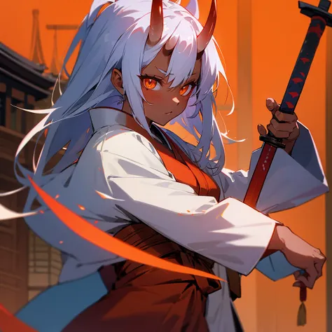 Anime Oni Girl, Oni horns, orange eyes, dark skin, kimono, holding sword, japanese temple on background