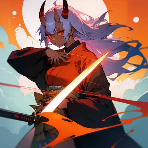 Anime Oni Girl, Oni horns, orange eyes, dark skin, kimono, holding sword, japanese temple on background