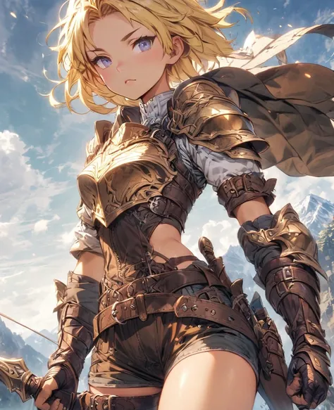 boyish　Berry Short　Slanted Eyes　Thighs　Blonde　Leather Armor　Mountain trail　Dagger　