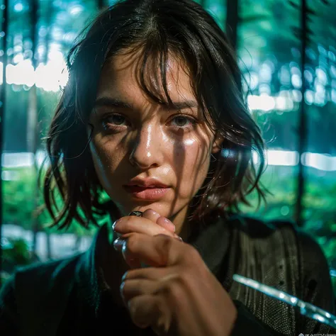 macro portrait photo from a Readhad pretty women behind a foggy glass with droplets in cabin, wearing sweater blanket and wet short wavy hair, ((finger touches lips)), (forest reflection in glass surface:1.3), (double exposure effect on glass:1.3), dark mo...