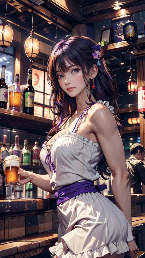 24 year old Japanese woman、Slim but toned body、Wear a frilly dress、Inner Color、Add a purple exterior、Southern European Bar((pub))Drinking beer at the counter、Meat dishes lined up on the counter、