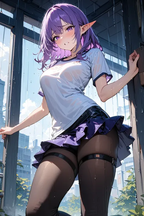 (masterpiece, best quality:1.5), (ultra detailed, high resolution, 8k, beautiful detailed, UHD, best anatomy), purple hair, medium breasts, 1 cool elf, long Y-shirt, frill short skirt, Leggings, crying, Its raining, Rain soaked my whole body and clothes