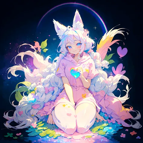 a cute adult male with wolf ears, long white hair, long locks, has a wolf tail, thick thighs, wide hips, short, wearing pink romper with a hood and pink shorts, has heart on chest, has bunny ears on hood, very slim, showing slender tummy, squishy thighs, h...