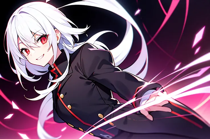 hight resolution,close range、Anime boy with white hair and red eyes staring at camera, Glowing red eyes,slim, dressed in a black outfit,Shadow Body,colorful backdrop,hair messy,yameroyandere, (Crazy smile:1.2)、Diagonal angle