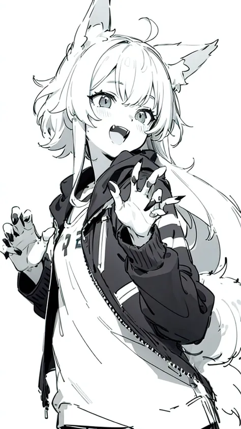 masterpiece, best quality, ultra-detailed, beautiful, nai3, 1girl, solo, smile, wolf girl, wolf ears, wolf tail, fluffy, messy hair, black hair, fangs, open mouth, :d, open jacket, claw pose, sharp fingernails, black nails, (moe artstyle:1.2), (scribble li...