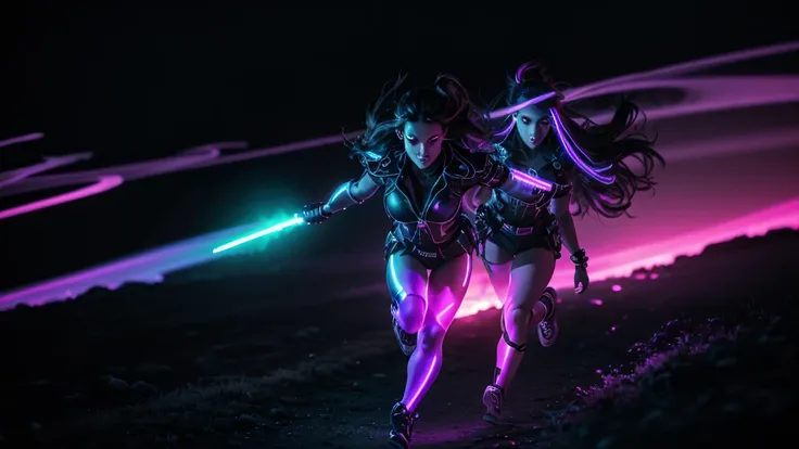 prince of darkness hold hand and running with a beautiful sultry female, thats glowing in the darkness, running through the futuristic battlefield, neon colors, high detail, long shot, wide shot, 4K, 3D, REALISTIC, (iridescent glow smoke), UHD, 32K, very b...