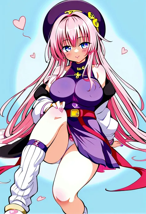 To Love-Ru、Purple off-the-shoulder mini skirt dress、Pink Hair、Big Breasts、White panties、Light purple loose socks、Provocative look、Raw thighs、Light blue eyes、Belt only on left thigh