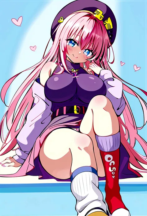 To Love-Ru、Purple off-the-shoulder mini skirt dress、Pink Hair、Big Breasts、White panties、Light purple loose socks、Provocative look、Raw thighs、Light blue eyes、Belt only on left thigh