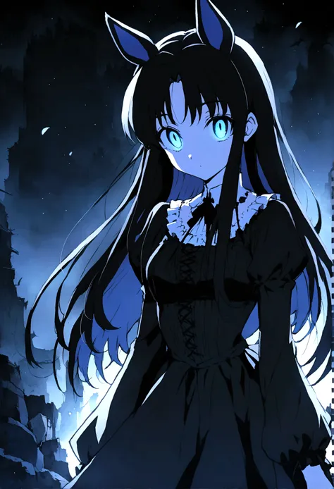 Anime girl with long black hair and blue eyes, Anime Moe Art Style, Gothic maiden anime girl, Gap Moe Yandere Grim Dark, Anime girl in a black dress, Ghostly eyes and dark hair, 1 7 - Year Old Anime Goth Girl, ufotable&#39;s art style, by Hitoshi Homura, F...