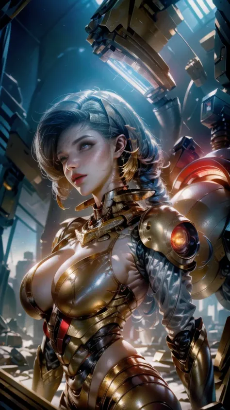 RAW, Masterpiece, Ultra Fine Photo,, Best Quality, Ultra High Resolution, Photorealistic, Sunlight, Full Body Portrait, Stunningly Beautiful,, Dynamic Poses, Delicate Face, Vibrant Eyes, (Side View) , she is wearing a futuristic Iron Man mech, red and gold...