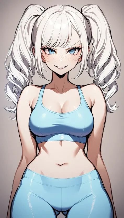 1 Girl, Light Blue Sports Bra, Light Blue Yoga Pants, Medium Breasts, Blue Eyes, Platinum White Hair, Twin Tail Hair Style, Pale White Skin, Smooth Skin, Face Freckles, Nice Cleavage, Slutty, Sexy, Sassy, Smirking, Tease, Teasing