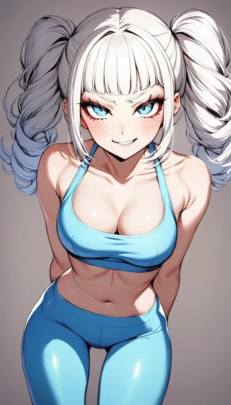 1 Girl, Light Blue Sports Bra, Light Blue Yoga Pants, Medium Breasts, Blue Eyes, Platinum White Hair, Twin Tail Hair Style, Pale White Skin, Smooth Skin, Face Freckles, Nice Cleavage, Slutty, Sexy, Sassy, Smirking, Tease, Teasing