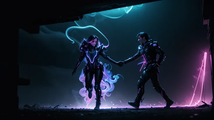 prince of darkness hold hand and running with a beautiful sultry female, thats glowing in the darkness, running through the futuristic battlefield, neon colors, high detail, long shot, wide shot, 4K, 3D, REALISTIC, (iridescent glow smoke), UHD, 32K, very b...