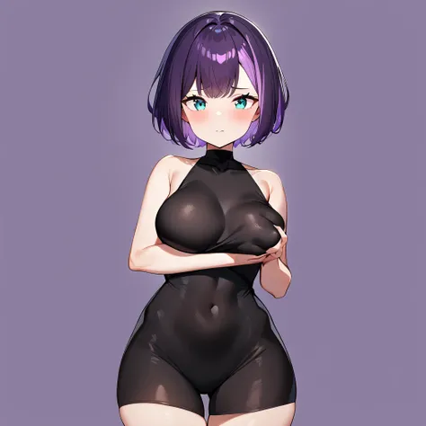 1 girl,short hair,bare,dark purple hair,purple hair,aqua eyes,Two-tone hair,Thighs,grabbing_own_breast,straight-on,masterpiece,best quality,very aesthetic,absurdres