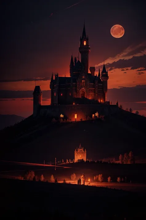 castle inspired by castlevania , blood Moon background, red night sky , crimson sky, blood Moon , castlevania , futurist , up a mountain , rocky mountain , futurist