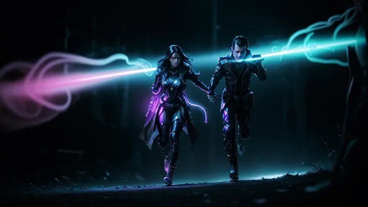 prince of darkness hold hand and running with a beautiful sultry female, thats glowing in the darkness, running through the futuristic battlefield, neon colors, high detail, long shot, wide shot, 4K, 3D, REALISTIC, (iridescent glow smoke), UHD, 32K, very b...