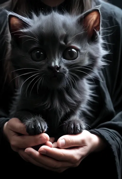 create the most realistic death in a black robe in pitch black darkness holding real little kitten you can create,