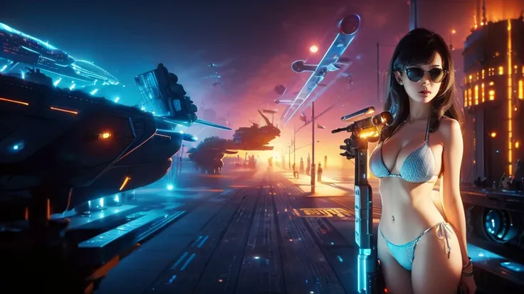 (((a large-breast bikini slim GIRL with black (micro) sunglasses))), (((((aiming at viewer with a pistol))))), a balcony of a futuristic building, aerial view of an ultra-futuristic megalopolis, metal buildings and houses in dark colors from dark blue to b...