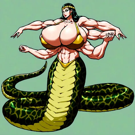 Lamia, long snake tail, cleopatra long hair, gigantic muscle, gigantic erect penis, big breasts, 6 arms, full body.