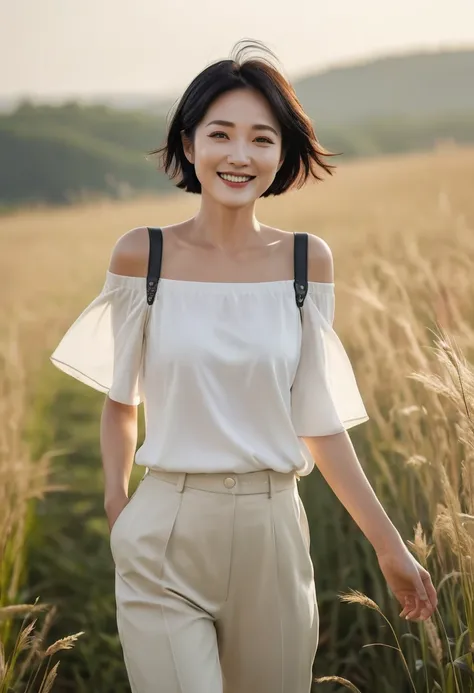 36 year old Korean woman, with short black hair, white leaky shoulder top, casual pants, take a walk in the field, happy smile, Short hair fluttering, elegant details, physical sky, gradient sunlight, uhd, best quality, masterpiece, high quality, Awards, t...