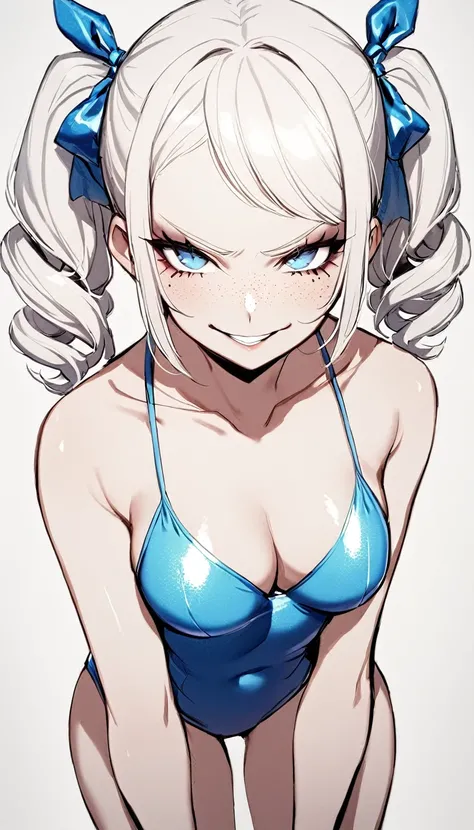 1 Girl, Light Blue Swimsuit, Light Blue Lace Ribbon, Medium Breasts, Blue Eyes, Platinum White Hair, Twin Tail Hair Style, Pale White Skin, Smooth Skin, Face Freckles, Nice Cleavage, Slutty, Sexy, Sassy, Smirking, Tease, Teasing