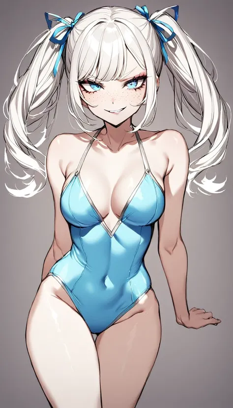 1 Girl, Light Blue Swimsuit, Light Blue Lace Ribbon, Medium Breasts, Blue Eyes, Platinum White Hair, Twin Tail Hair Style, Pale White Skin, Smooth Skin, Face Freckles, Nice Cleavage, Slutty, Sexy, Sassy, Smirking, Tease, Teasing