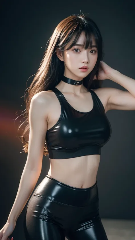 grey background blank, girl, ulzzang, fit body, healthy skin, long hair with bangs, black latex leggings with reflective effect, white tanktop shirt, bomber jacket, choker, standing pose, professional model, beautiful, big boob, high detailed face, amateur...