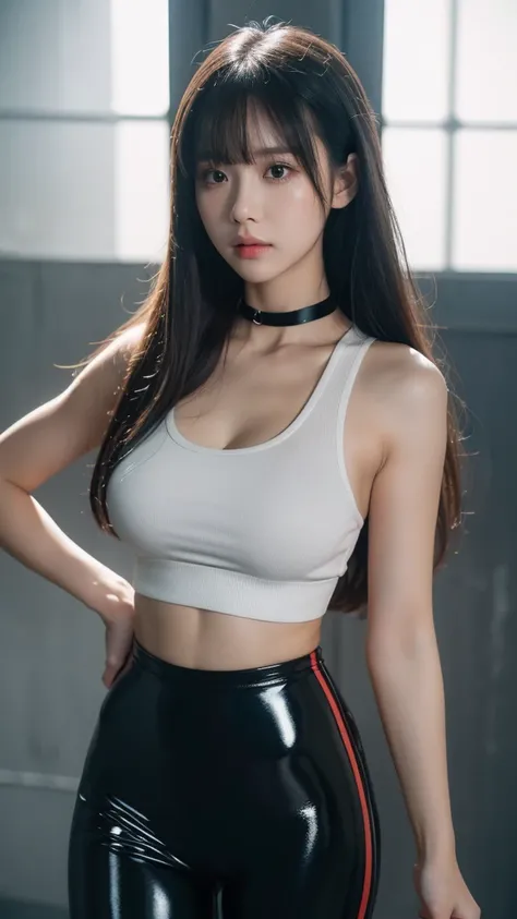 grey background blank, girl, ulzzang, fit body, healthy skin, long hair with bangs, black latex leggings with reflective effect, white tanktop shirt, bomber jacket, choker, standing pose, professional model, beautiful, big boob, high detailed face, amateur...