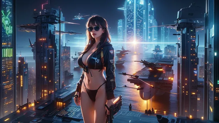 (((a large-breast bikini slim GIRL with black (micro) sunglasses))), (((((aiming at viewer with a pistol))))), a balcony of a futuristic building, aerial view of an ultra-futuristic megalopolis, metal buildings and houses in dark colors from dark blue to b...