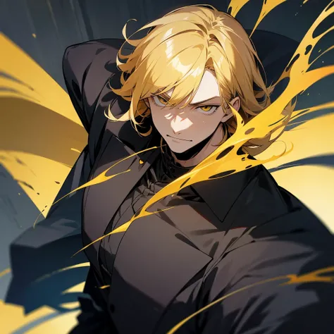 anime characters, an adult man, dark yellow hair,wearing a black suit,with a sly face, hair with bangs