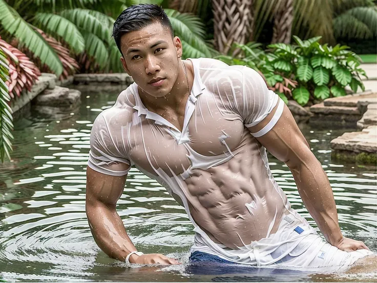 Picture of a handsome Asian rugby player with short hair, no beard, muscular body, big muscles, wearing a white shirt, wet in the water, outdoors.