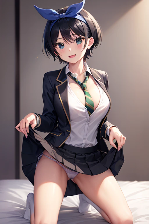 masterpiece, best quality,high resolution、realistic、Detailed、((extremely delicate and beautiful fabric):1.3)、 8k、large boob、 1girl, solo, skirt, jacket, shirt, blue eyes, white shirt, necktie, green necktie, black hair, pleated skirt, socks, diagonal-strip...