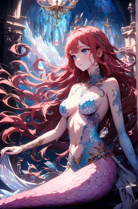 redhead mermaid, with full breasts, left arm completely tattooed, light pink scales with a thin edge of pastel blue scales, long  hair