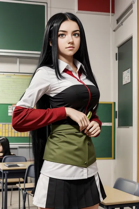 My hero academia wallpaper.
16 year old girl with long black hair with red, Big bust, waist, pistachio green eyes, White skin, height of 1.65 cm, that is in a classroom at the UA academy