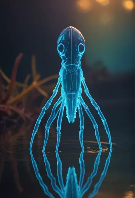 bioengineered creature, bioluminescence,  water, reflections, colorful hazy background, 