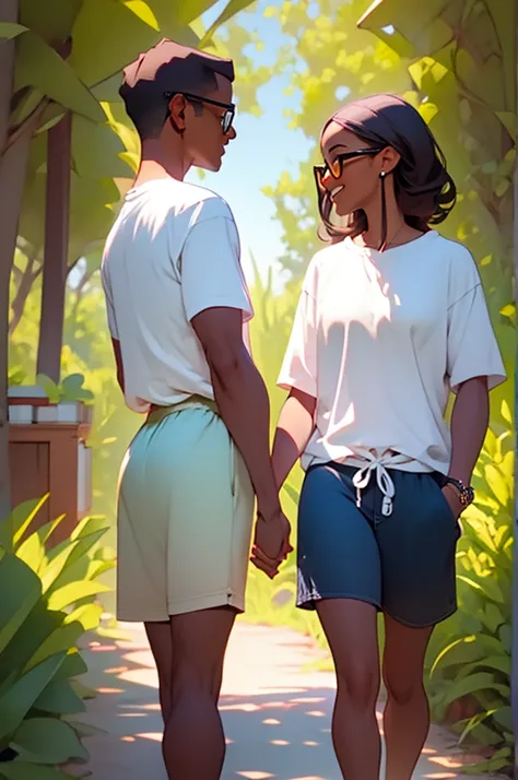 young woman in shorts, casual, modest, with her husband in shorts, holding hands, happy, talking to eachother, bbq, summer, outdoors,