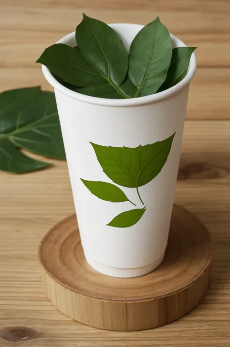 make a picture of a disposable cup with a leaf label 