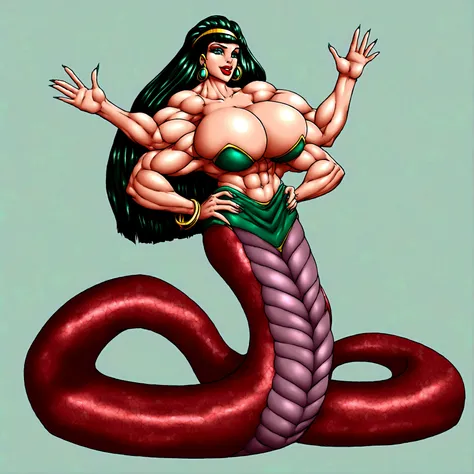 Lamia, cleopatra long hair, gigantic muscle, gigantic erect penis, big breasts, 6 arms, full body.