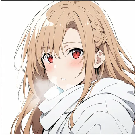 1 Girl, Asuna，Sword Art Online，，Solitary, Viewers, Pure white background，blush, Red Eye,breathe, avatar，Half Body，Comic style without color，angle, masterpiece, best quality