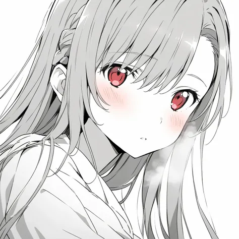 1 Girl, Asuna，Sword Art Online，，Solitary, Viewers, Pure white background，blush, Red Eye,breathe, avatar，Half Body，Comic style without color，angle, masterpiece, best quality