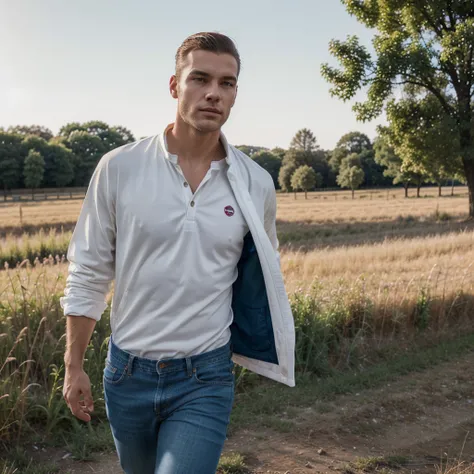 white man walking in the field, Perfect face, classic clothing with jeans with a suit and sportswear, well dressed, in sportswear, raphael personnaz, wear jeans, profile headshot, viste un firmal, business shave hair, short hair, caucasian white, 20 years