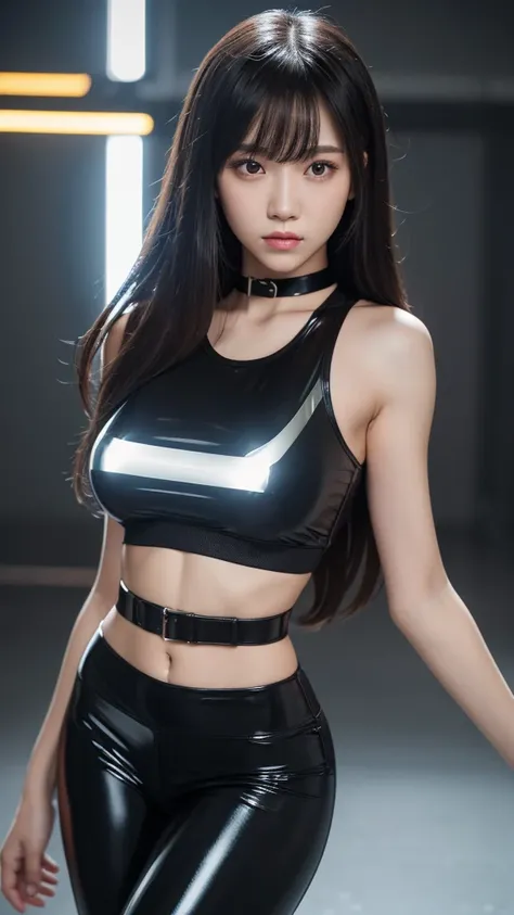 grey background blank, girl, ulzzang, fit body, healthy skin, long hair with bangs, black latex leggings with reflective effect, white tanktop shirt, bomber jacket, choker, standing pose, professional model, beautiful, big boob, high detailed face, amateur...