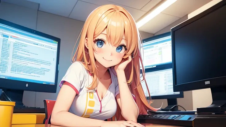 Programming on a computer, cheerful, smiling, cute girl, 1 person, bright computer room, illustration, no cut-out