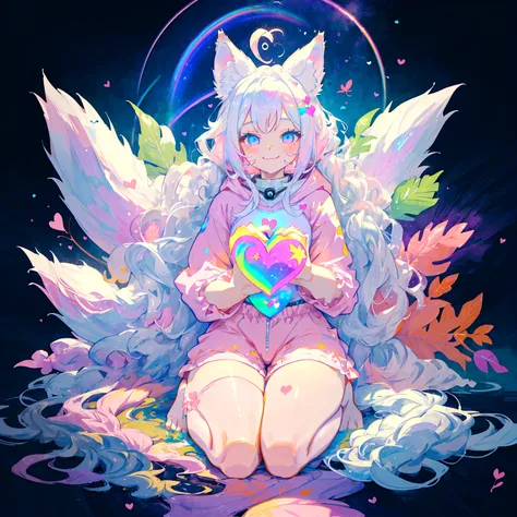 a cute adult male with wolf ears, long white hair, long locks, has a wolf tail, thick thighs, wide hips, short, wearing pink romper with a hood and pink shorts, has heart on chest, has bunny ears on hood, very slim, showing slender tummy, squishy thighs, h...