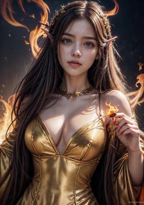 It is (realistic fantasy) el arte withtiene brasas, real flames, real heat, and realistic fire. Generate a masterpiece artwork of a  female fire druid with large (((orange and gold))) eyes. The fire druid is awe-inspiring with beautiful ((Realistic burning...