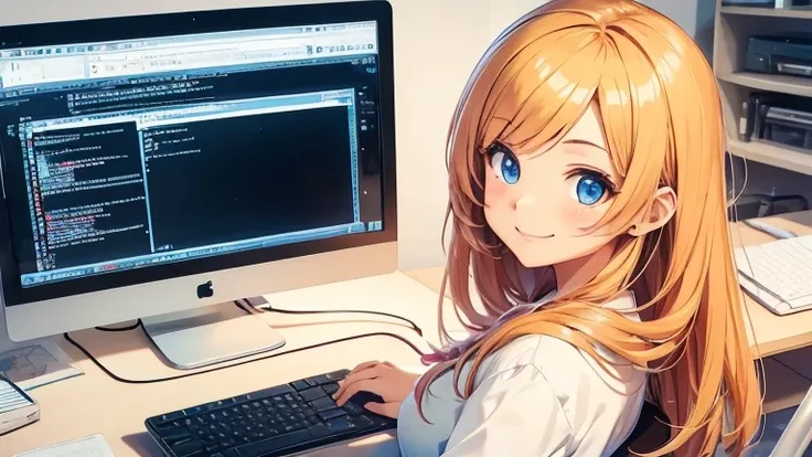 Programming on a computer, cheerful, smiling, cute girl, 1 person, bright computer room, illustration, no cut-out