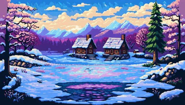 a winter themed backyard with patches of snow, a leafless tree, a small cabin, a stone path and a frozen pond in the background ...