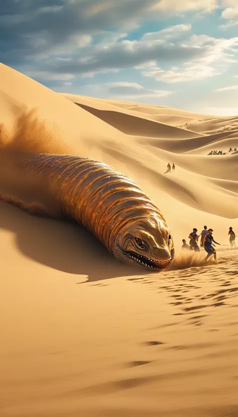 a giant sand worm chasing a group of people fleeing in the desert, extremely detailed, highly detailed, hyper realistic, 8k, photorealistic, cinematic lighting, dramatic lighting, stunning colors, vivid colors, warm color palette, volumetric lighting, cine...