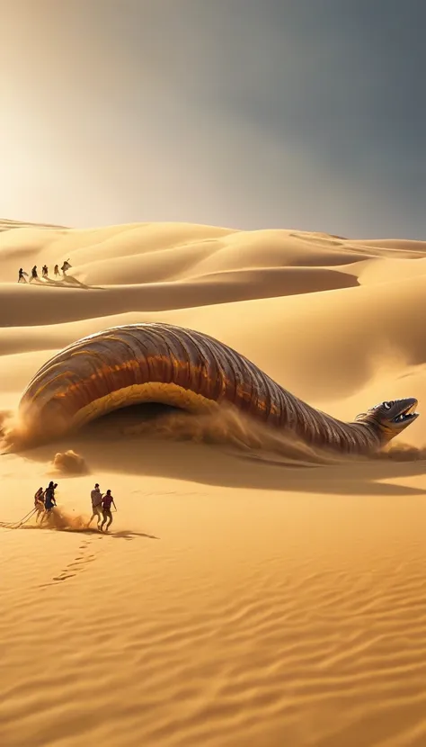 a giant sand worm chasing a group of people fleeing in the desert, extremely detailed, highly detailed, hyper realistic, 8k, pho...